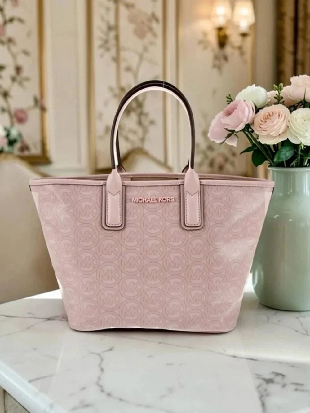 Michael Kors Pink Jodie Small Logo Jacquard Tote Bag - MSRP $348 NWT - Picture 1 of 11